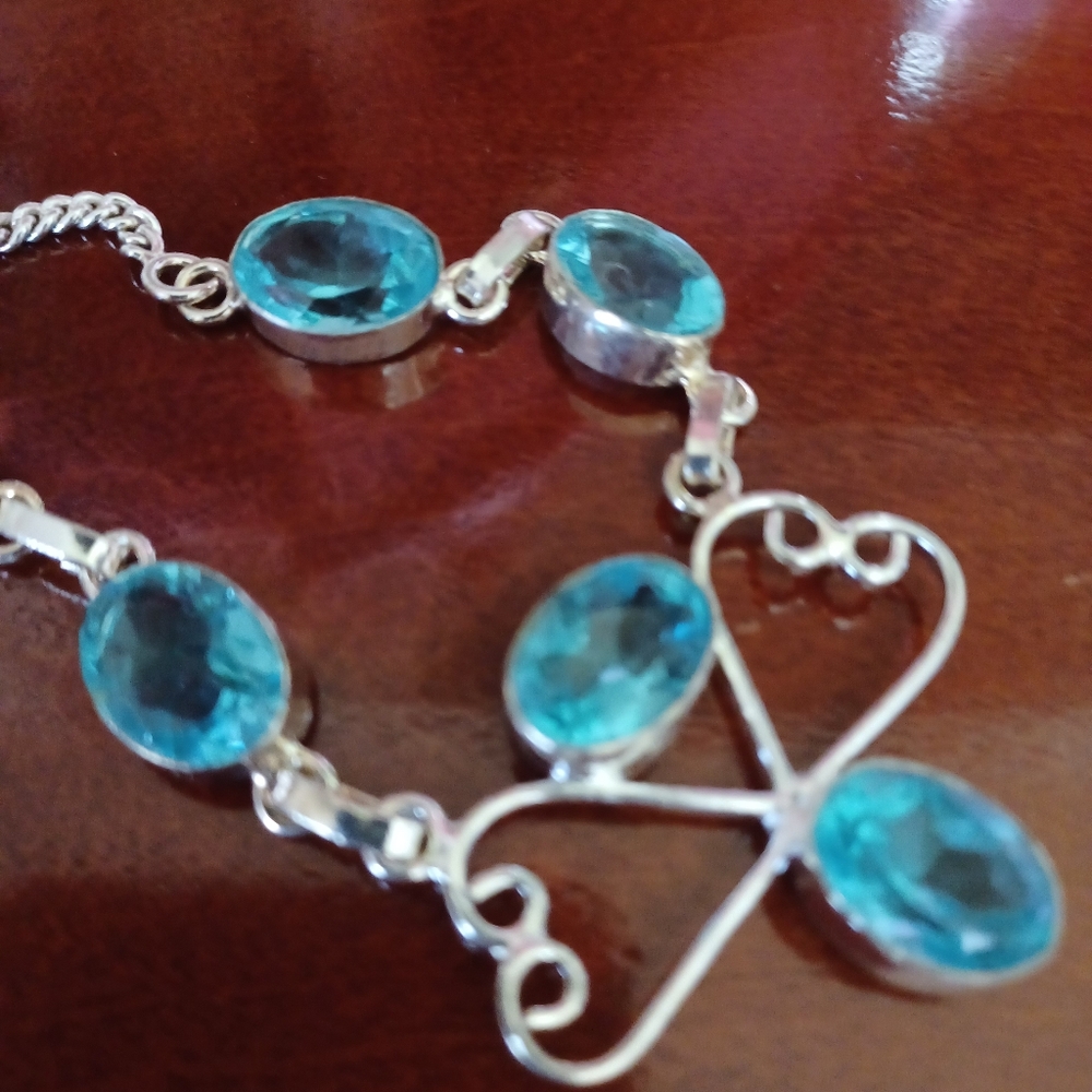 Blue and Silver Asymmetrical Beaded Necklace Blue Topaz Real Gemstones - Picture 8 of 8